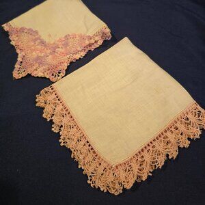 Handkerchief White Linen Tatted Edges Pink Purple Set of 2 1970s